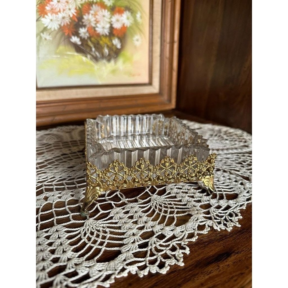 Vintage Hollywood Regency Footed Glass Ashtray | Filigree Gold Tone Metal Dish